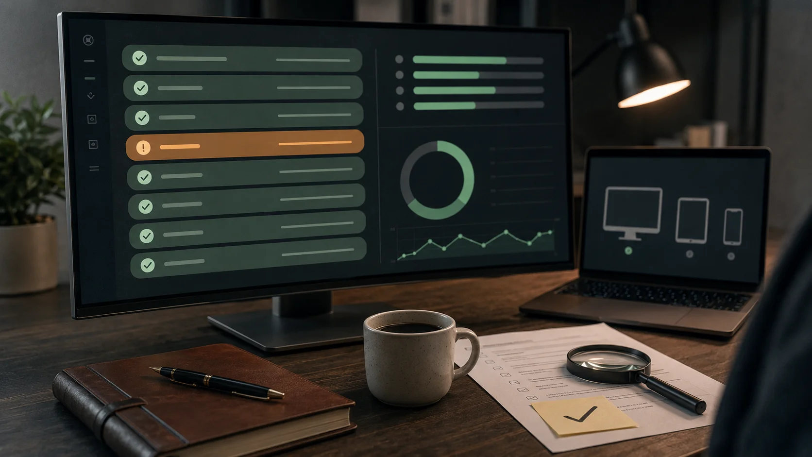 Quality assurance dashboard showing automated test results, code coverage metrics, and CI pipeline status across multiple test suites