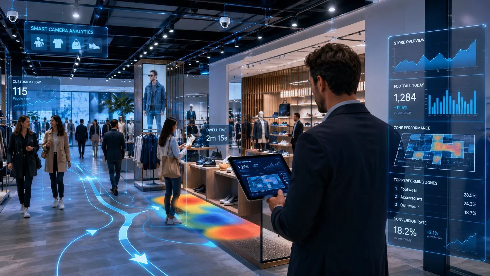 GoAI AI analytics dashboard showing footfall, dwell time and engagement for a physical store in Kuwait