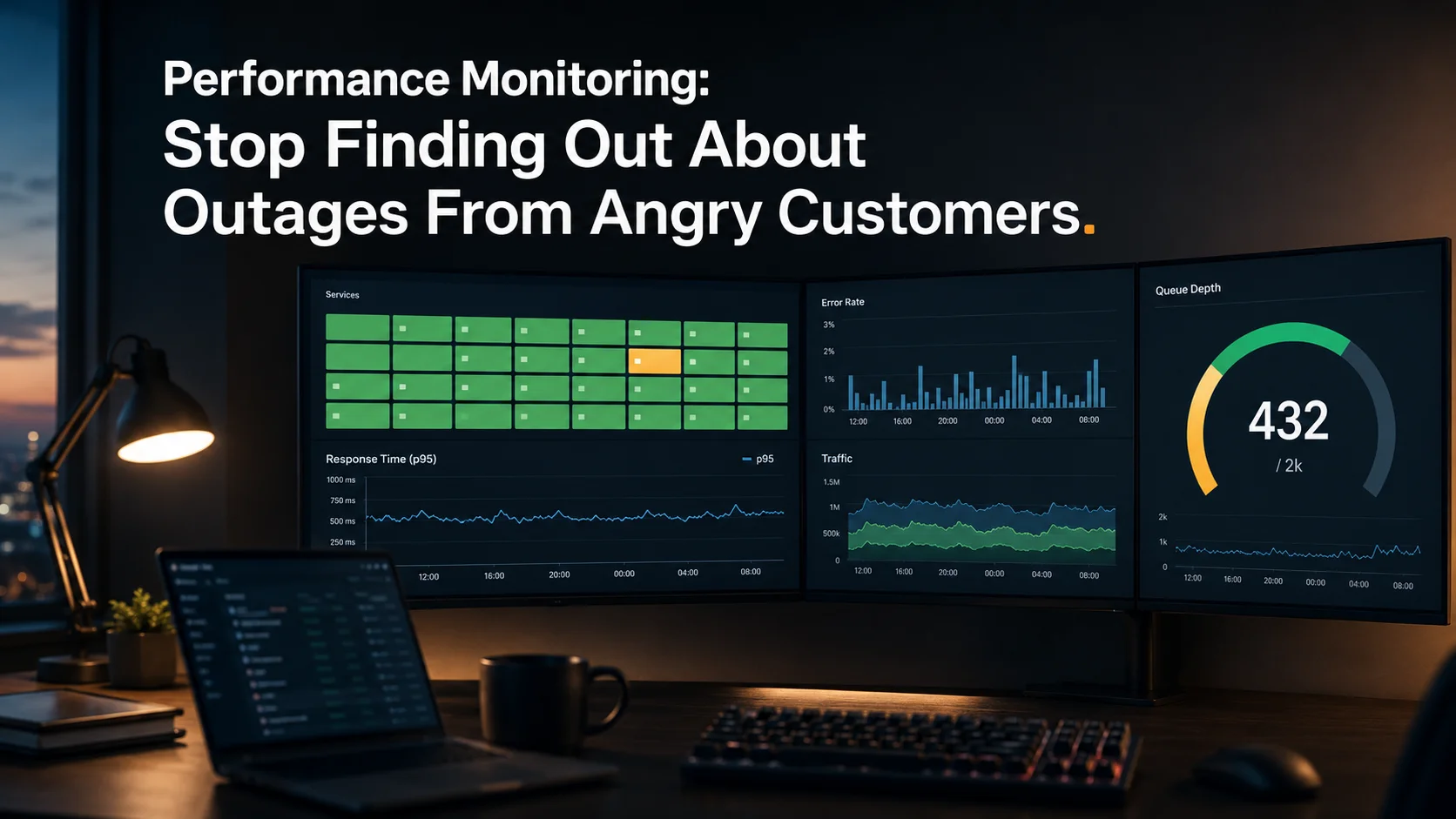 Performance monitoring dashboard showing real-time application metrics, error rates, and uptime indicators across multiple services