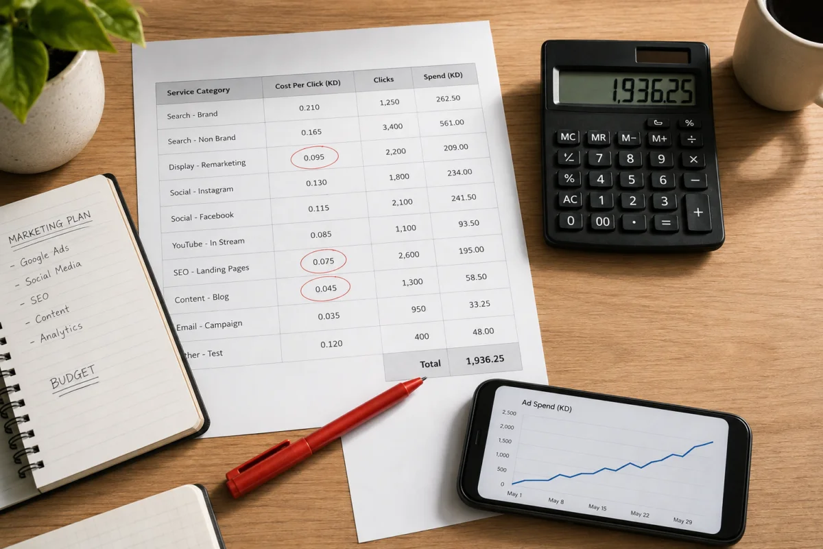 Cost per click figures for Kuwait business categories laid out on a Google Ads budget planning sheet
