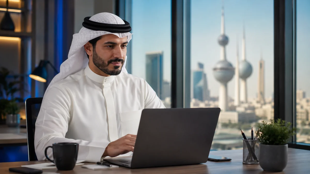 Kuwait business owner comparing custom software development options on a laptop