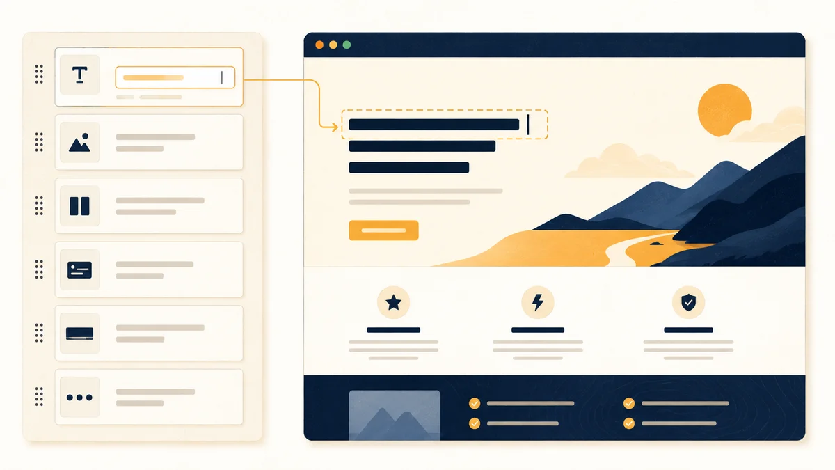 The Atelier visual page builder for Laravel, showing the section settings panel on the left and the live rendered page on the right