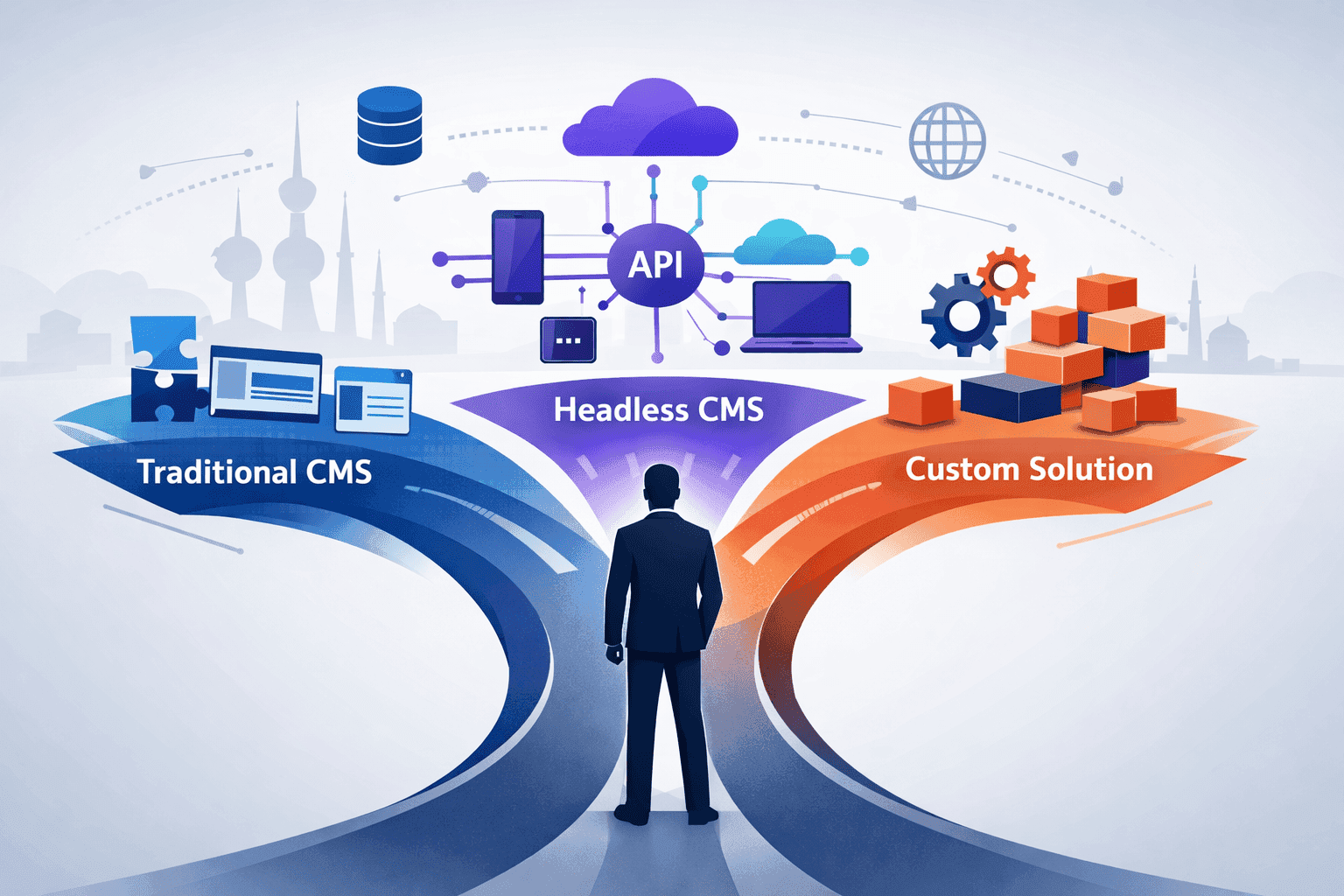 Developer comparing CMS options for a Kuwait business — WordPress, Strapi, Payload, and Filament logos on a decision board