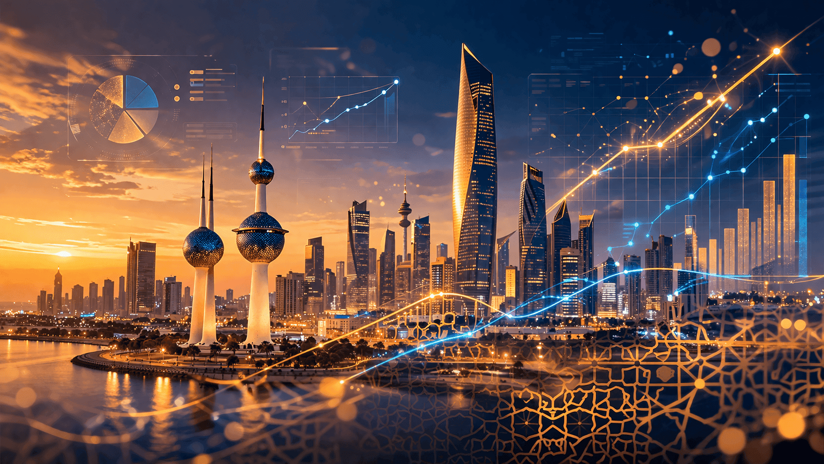 Kuwait City skyline at dusk overlaid with business analytics dashboard charts showing data-driven growth in 2026