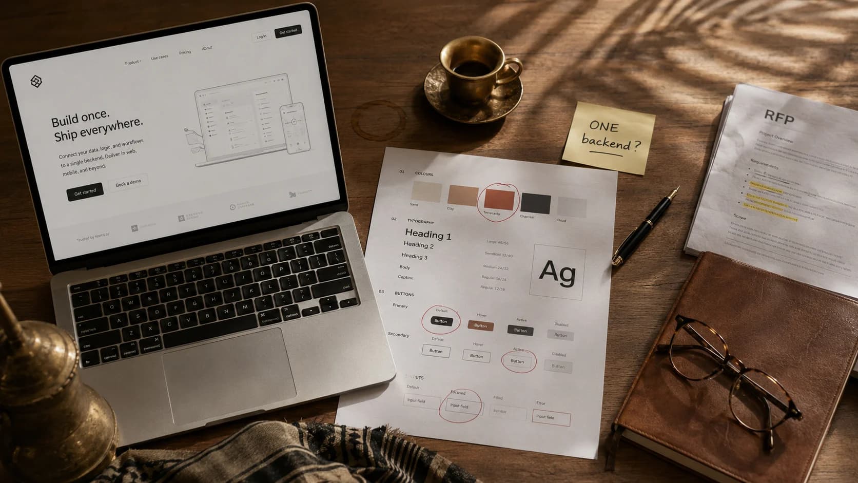 Kuwait web and mobile app development agency team reviewing a shared design system across desktop and phone screens