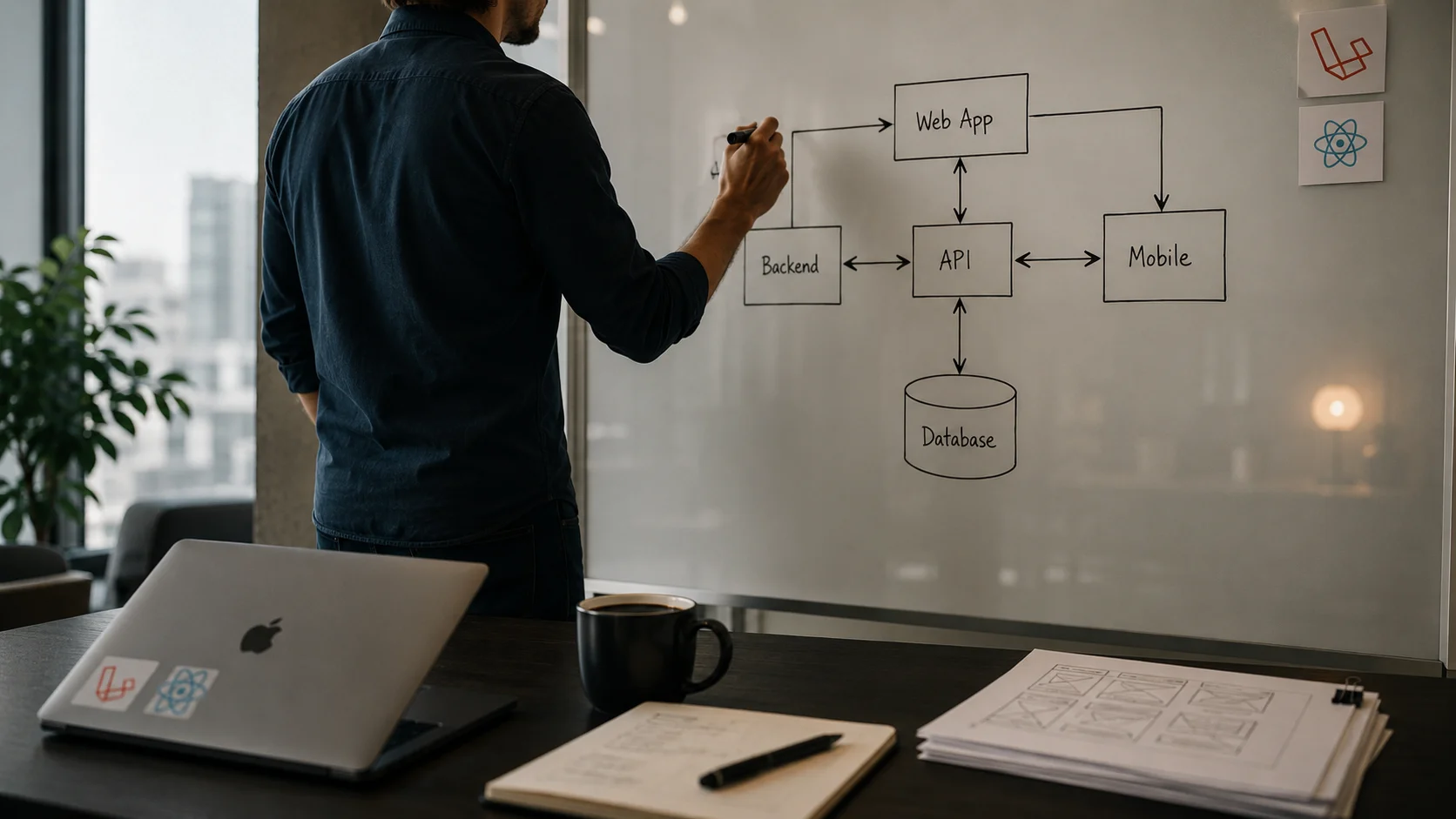 Developer reviewing custom software development architecture diagram on a whiteboard with Laravel and React logos