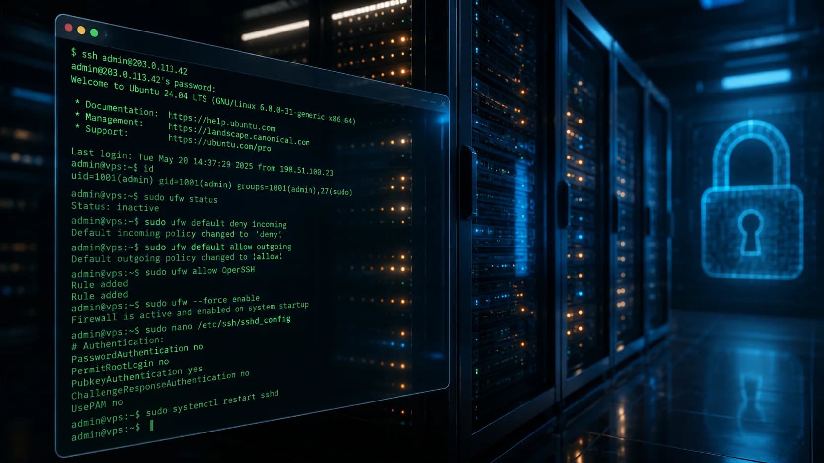Terminal window showing VPS setup commands on a Linux server with SSH connection and firewall configuration