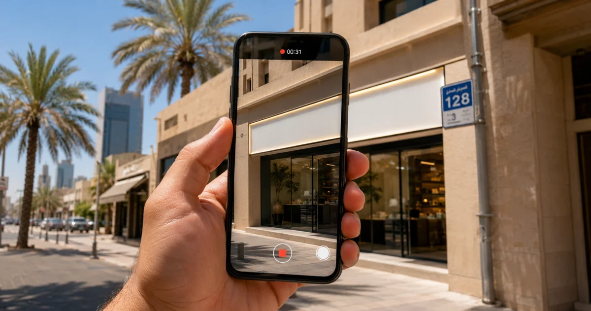 Phone recording a shop front sign in Kuwait for Google Business Profile verification